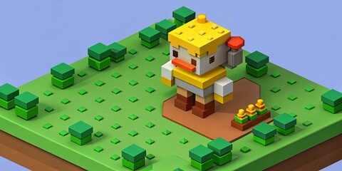 Personaje animado hecho de cubos en un fondo de campo, estilo de videojuego
