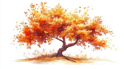 Obraz premium Artistic sketch of an autumn tree with vibrant foliage and detailed plant elements on a white background