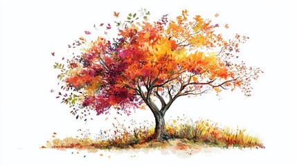 Fototapeta premium Artistic tree sketch capturing autumn foliage and plants set against a clean white canvas