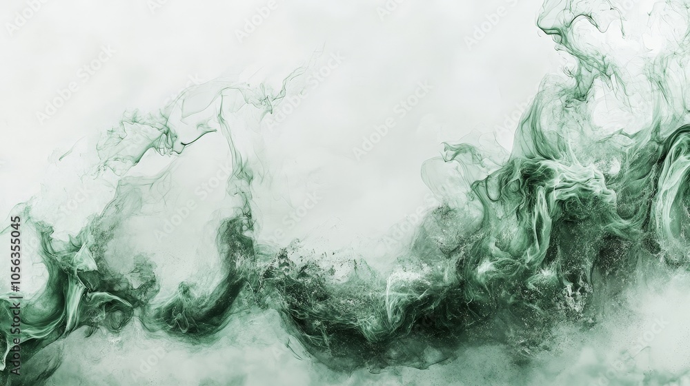 Poster artistic white backdrop displaying green mystical smoke transitioning into dynamic flame designs, cr
