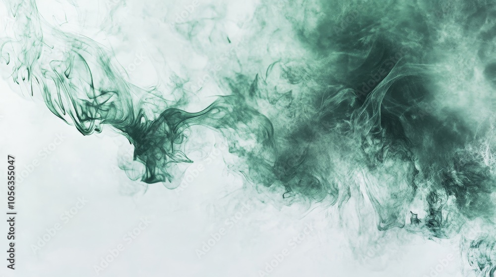 Poster artistic white backdrop displaying green mystical smoke transitioning into dynamic flame designs, cr