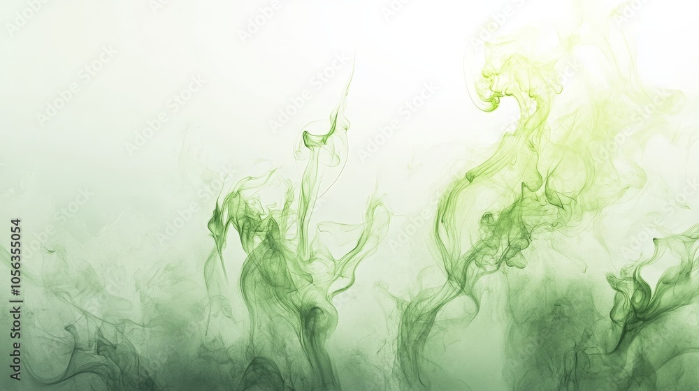 Poster artistic white backdrop displaying green mystical smoke transitioning into dynamic flame designs, cr
