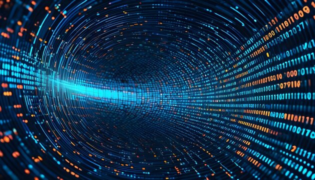 streaming binary code flowing through a futuristic digital tunnel