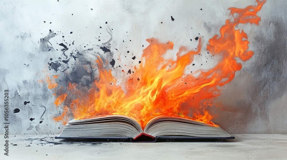Poster artistic white backdrop featuring a book with pages on fire, capturing the fiery impact and transfor