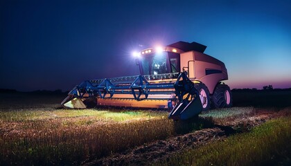 Obraz premium A high-tech harvest machine operates in a field at twilight, illuminated by powerful lights against the dusk background.