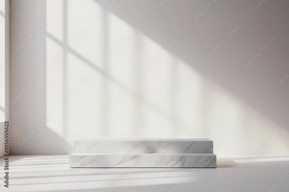 Poster a minimalist interior scene featuring a marble platform illuminated by soft light and shadows from l