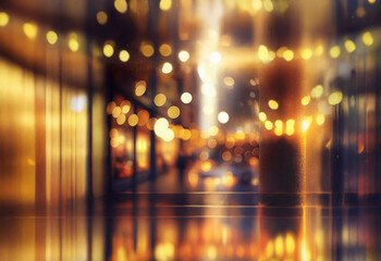 A blurred city street at night with warm light from the street lights and storefronts reflecting off a wet surface.
