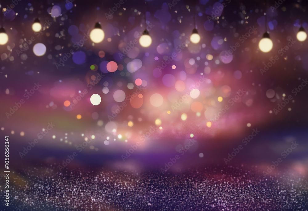 Aufkleber a dark background with a hazy purple and pink glow. there are several string lights hanging from the