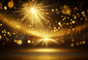 Obraz premium A black background with a spotlight shining upwards from the bottom center of the image. The light reflects off the background and creates a sparkling effect.