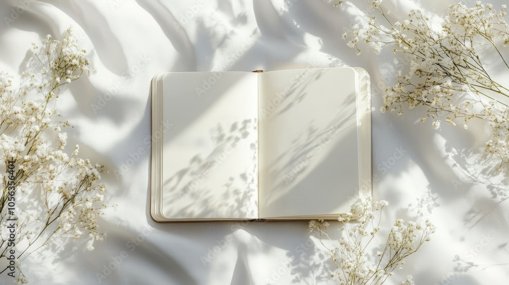 Poster artistic white backdrop with a diary page spread, emphasizing the smooth texture and organized desig