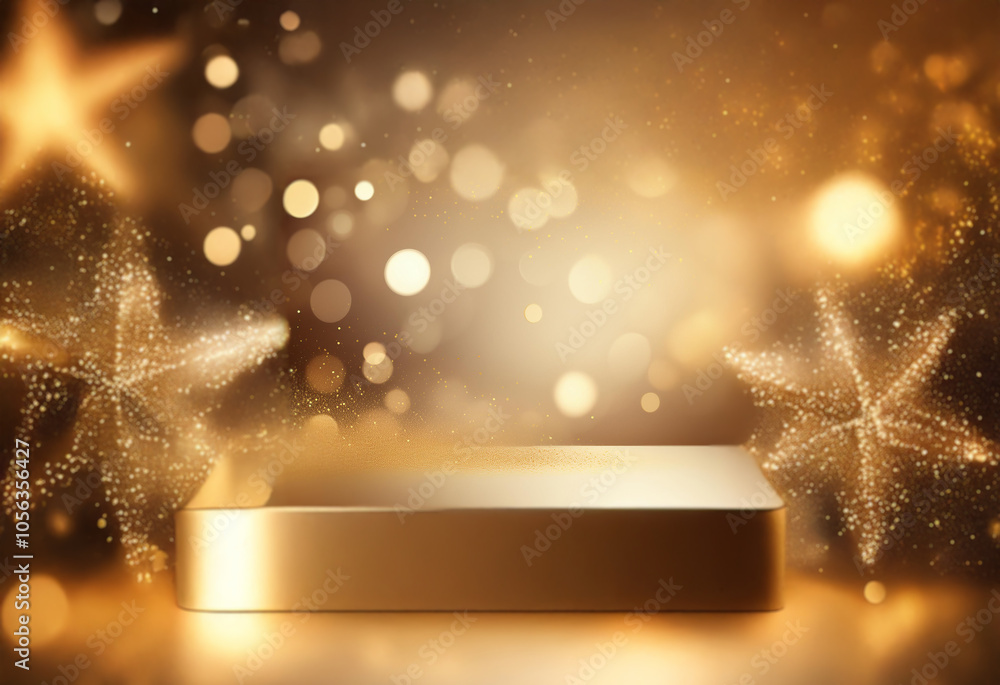 Poster a golden platform rests on a blurred background of sparkling stars and bokeh lights.