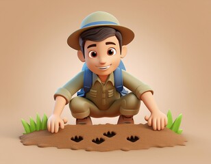 3D young explorer examines animal tracks in the sand