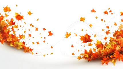 Artistic white backdrop with a swirling pattern of autumn maple leaves falling, illustrating the dynamic movement and beauty of the fall season