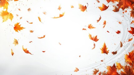 Artistic white backdrop with a swirling pattern of autumn maple leaves falling, illustrating the dynamic movement and beauty of the fall season