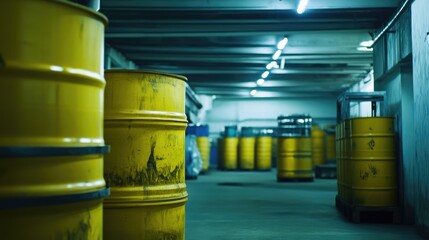 Hazardous storage: depot containing yellow barrels filled with radioactive, harmful waste, ensuring proper containment of dangerous materials to prevent environmental contamination, health risks.