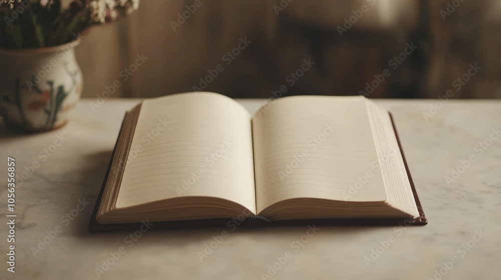 Poster artistic white backdrop with an open diary page, highlighting the smooth texture and neat organizati