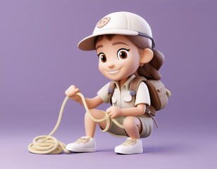 3D young girl wearing a scout uniform is tying a rope