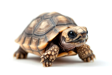 Obraz premium Cute baby african sulcata tortoise walking slowly on a white background