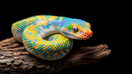 Obraz premium vibrant snake with colorful scales resting on branch, showcasing its intricate patterns and textures. contrast against dark background highlights its beauty and uniqueness
