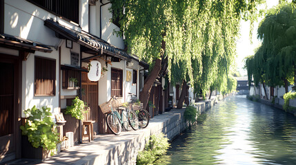 Obraz premium Exploring the serene beauty of a japanese ancient river town lined with willow trees and tranquil waters