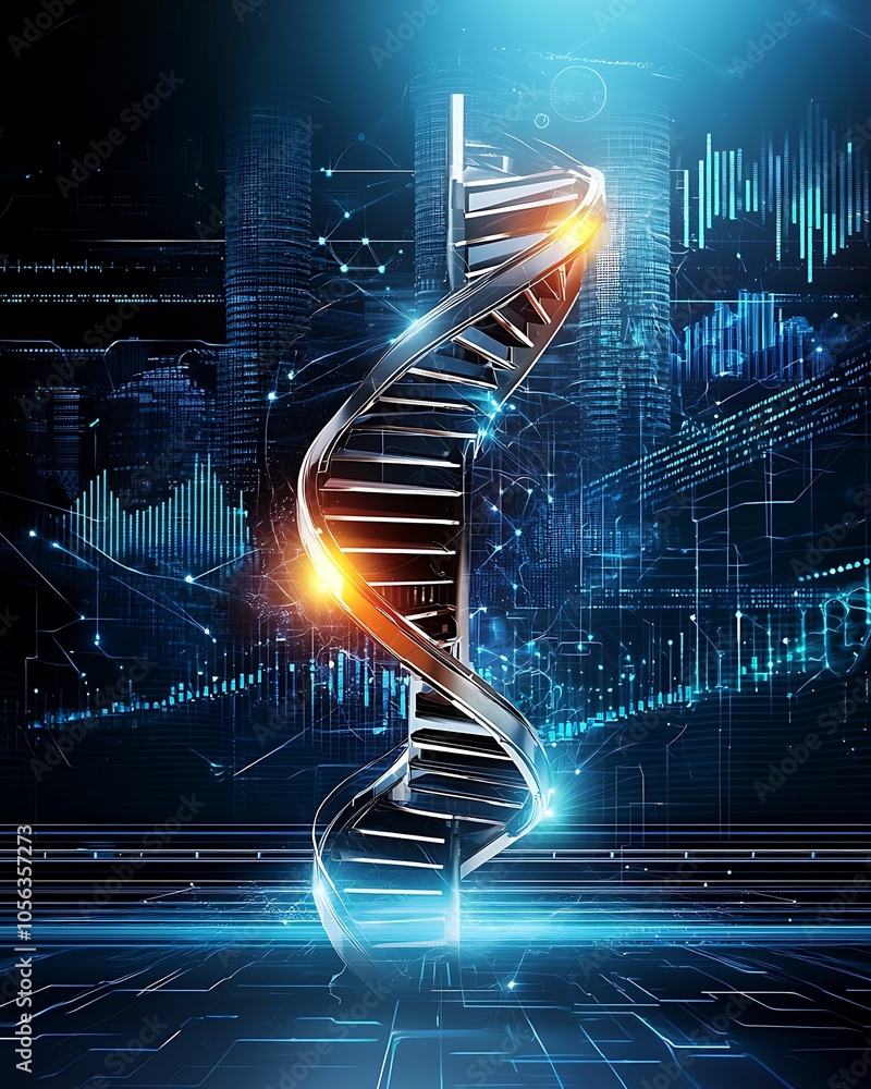 Poster exploring the intricacies of genetic engineering a futuristic visualization of dna helix and technol