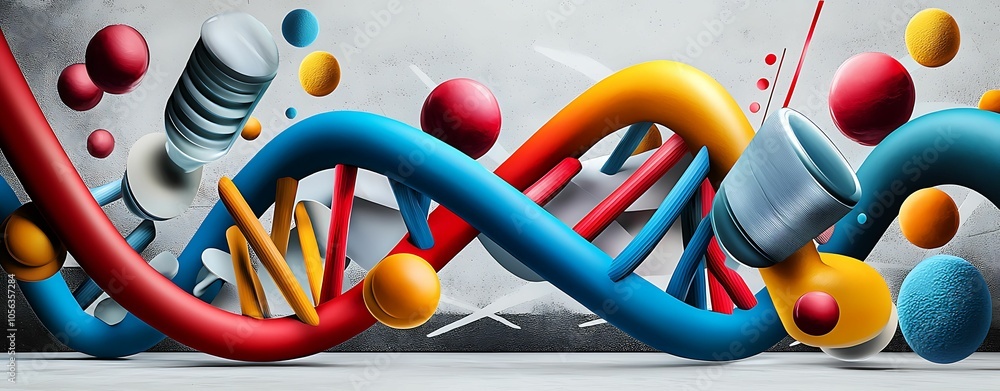 Poster dynamic representation of dna structure and molecular elements in vibrant colors and shapes for scie