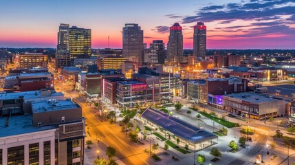 Fototapeta premium Vibrant Cityscape at Dusk with Illuminated Skyline