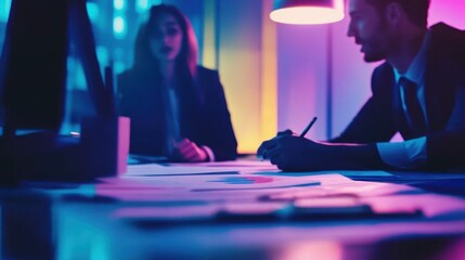 Business Meeting in a Neon Lit Office