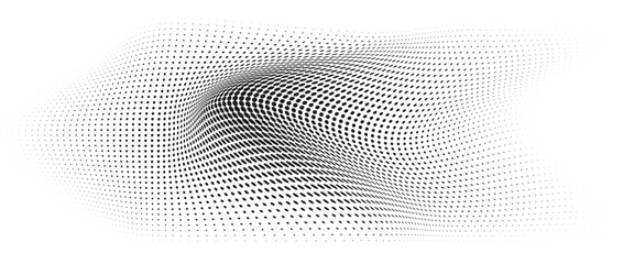 Flowing Wave Dot Halftone Pattern: Curve Gradient Shape on Transparent Background. Suitable for AI, Tech, Network, Digital, Science, and Technology Themes.