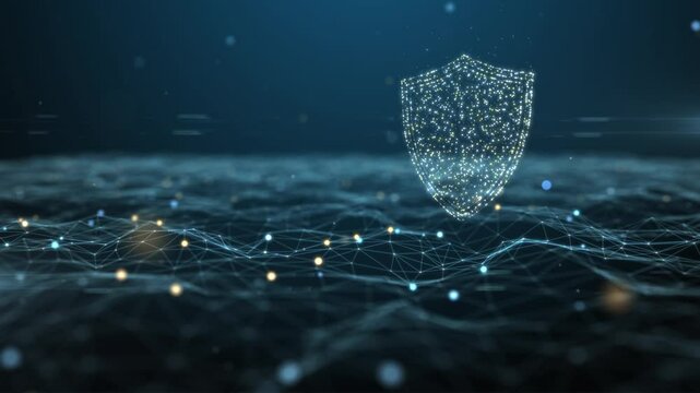 Cyber security shield digital network point grid on blue background
