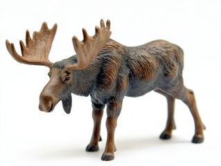 Fototapeta premium Wildlife-Themed Moose Figurine with Detailed Fur and Antlers, Standing on Rocky Base, Isolated for Clean Look 