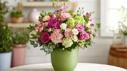 Fototapeta premium Colorful Flower Bouquet in Green Vase Arrangement