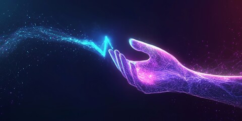 Futuristic Hand Grasping a Rising Arrow with Floating Polygonal Percentage Signs, Symbolizing Business Success and Profit Increases in a Digital Landscape