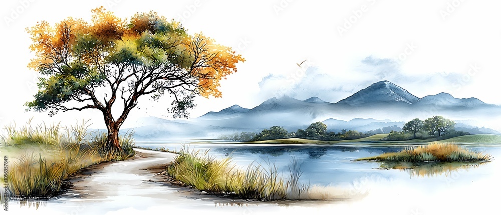 Wall mural serene autumn landscape a tranquil path along the water's edge with vibrant trees and majestic mount