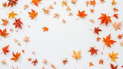 Artistic white background featuring a scatter of autumn maple leaves, illustrating the gentle descent of leaves and the beauty of fall in a minimalist style
