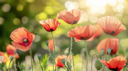 Naklejka premium Field of vibrant red poppies swaying in the gentle breeze, soft sunlight illuminating each petal, blurred green background for a warm and peaceful summer feel