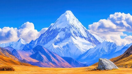 Timeless mountain vista, snow-capped peaks, exotic distant horizon, watercolor style