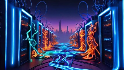 Futuristic server room with glowing cables. - Powered by Adobe