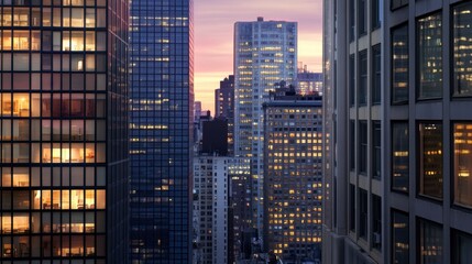 Urban Skyline at Dusk with Glowing Windows