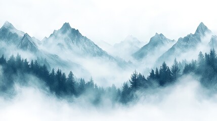 Artistic white background showcasing a misty mountain landscape, emphasizing the ethereal quality of the fog shrouding the majestic peaks