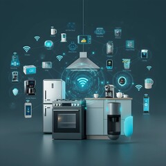 Smart home filled with connected devices powered by the Internet of Things, showcasing AI-enhanced appliances