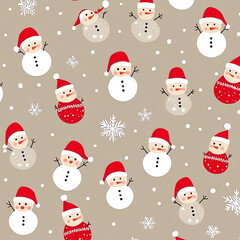  Christmas pattern with snowmen and Santa Claus, beige background, reds, dark browns, light gray