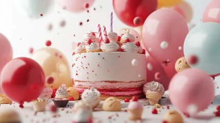 Artistic white background with a stunning birthday cake, colorful balloons, and delicious desserts, creating a celebratory and joyful scene