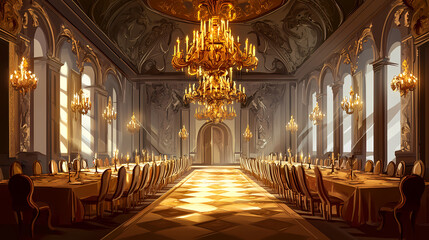 Obraz premium A grand feast takes place in a palatial hall adorned with ornate chandeliers and intricate carvings. Medieval Banquet Hall. Illustration