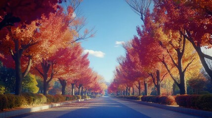 Obraz premium Autumn Pathway Through Vibrant Red Trees