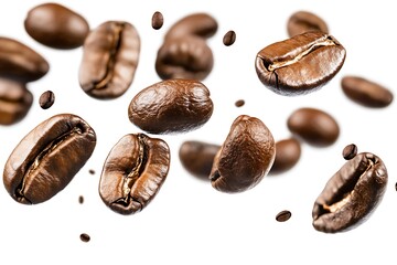 Fototapeta premium Roasted coffee beans are falling against a white background, creating a dynamic and aromatic scene