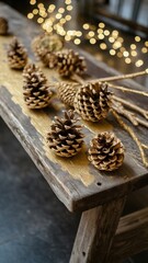 Fototapeta premium Rustic holiday centerpiece featuring distressed wooden surfaces holding sparkling gold pine cones with a warm, cozy background of Christmas bokeh lights.