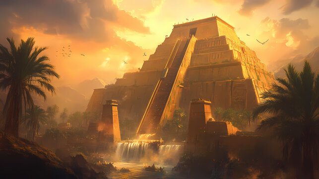 A great ziggurats with hanging gardens of babylon. Sumerian Ziggurat. Illustration
