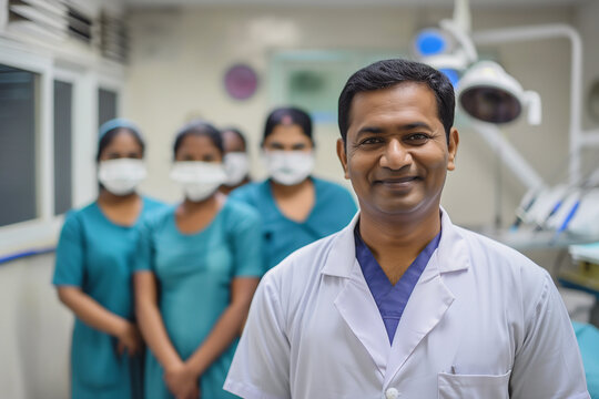 Photography of a group of India dental clinic workers with the dentist in front.