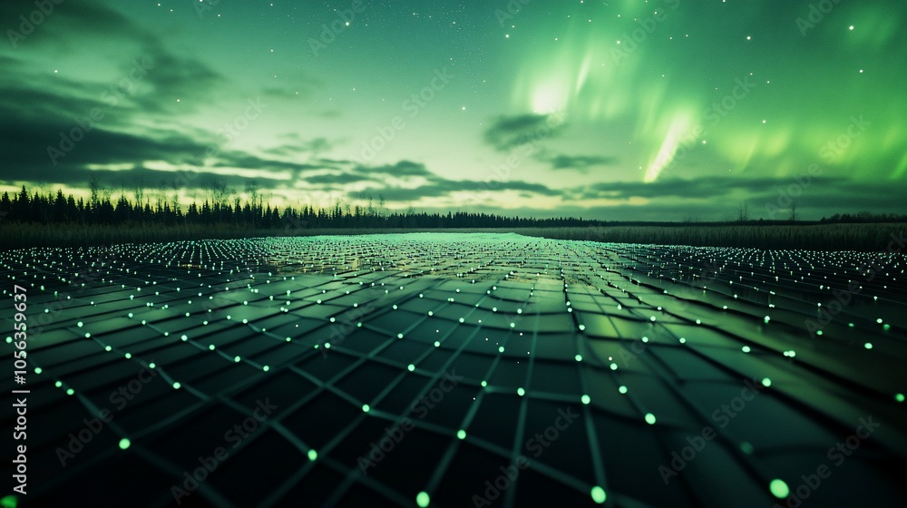 Poster a grid of glowing dots in a field with a green aurora borealis in the sky.